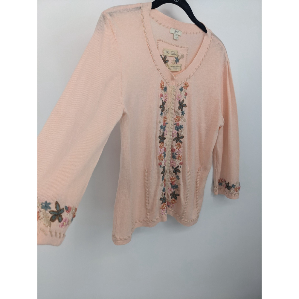 J Jill Sweater Womens Small Pink Floral Embroidered Linen Blend Cardigan Cottage - Picture 3 of 12